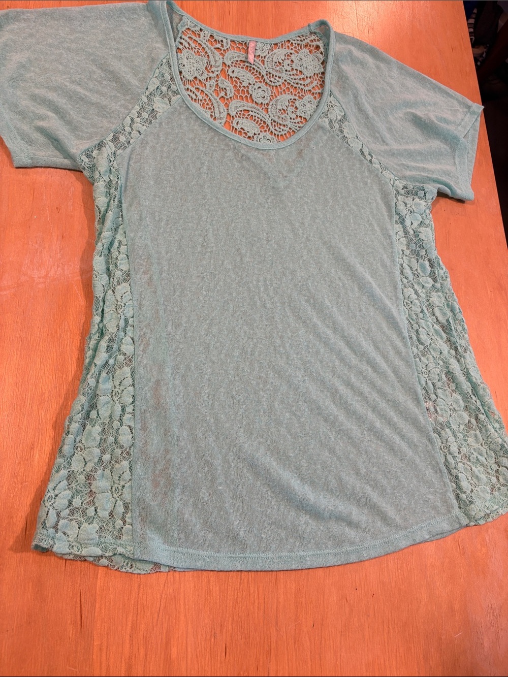 Vanity~ Aqua Blue turquoise Lace-Panel Short Sleeve Tee